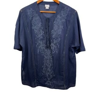 Chicos Embroidered Tassel Tie Neck Tunic Top Size‎ 3 (XL) Boho Tissue Cotton